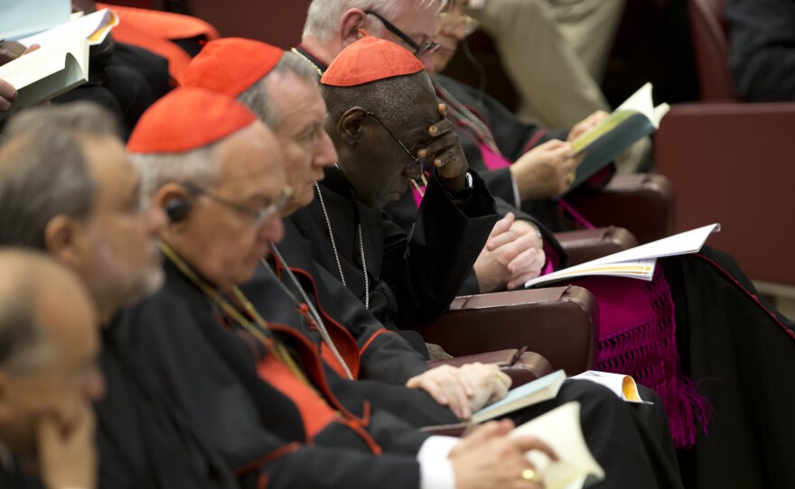 Cardinals follow a news conference to present Pope Francis' encyclical Laudato Si, (Praise Be), at the Vatican, on Thursday. The far-reaching papal letter addressed climate change and the poor.