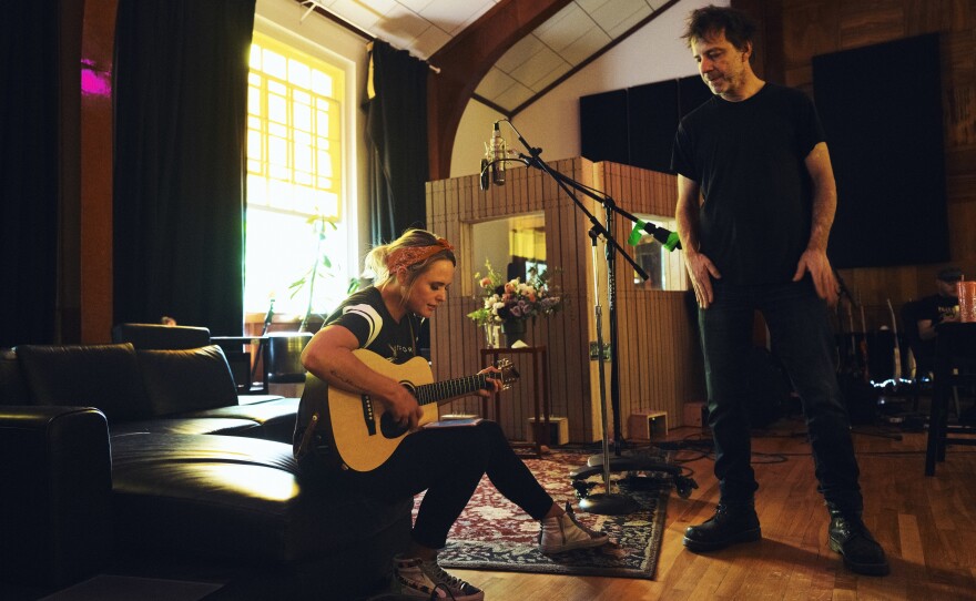 Lambert (seated) in the studio with Jay Joyce, who produced her new album <em>Wildcard</em>. All six of her previous albums were produced by Frank Liddell.