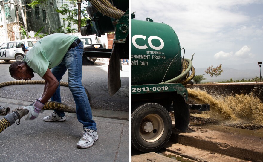 Sanitation company Sanco sends pump trucks to empty septic tanks for high-end clients such as hotels and government offices. The trucks transport the waste to the sewage treatment plant at Morne a Cabrit.