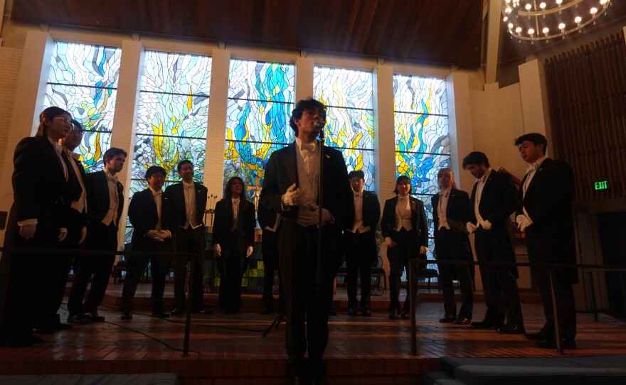 Ben Jimenez, center, solos with the Yale Whiffenpoofs at All Souls' Episcopal Church on Jan. 18, 2026.