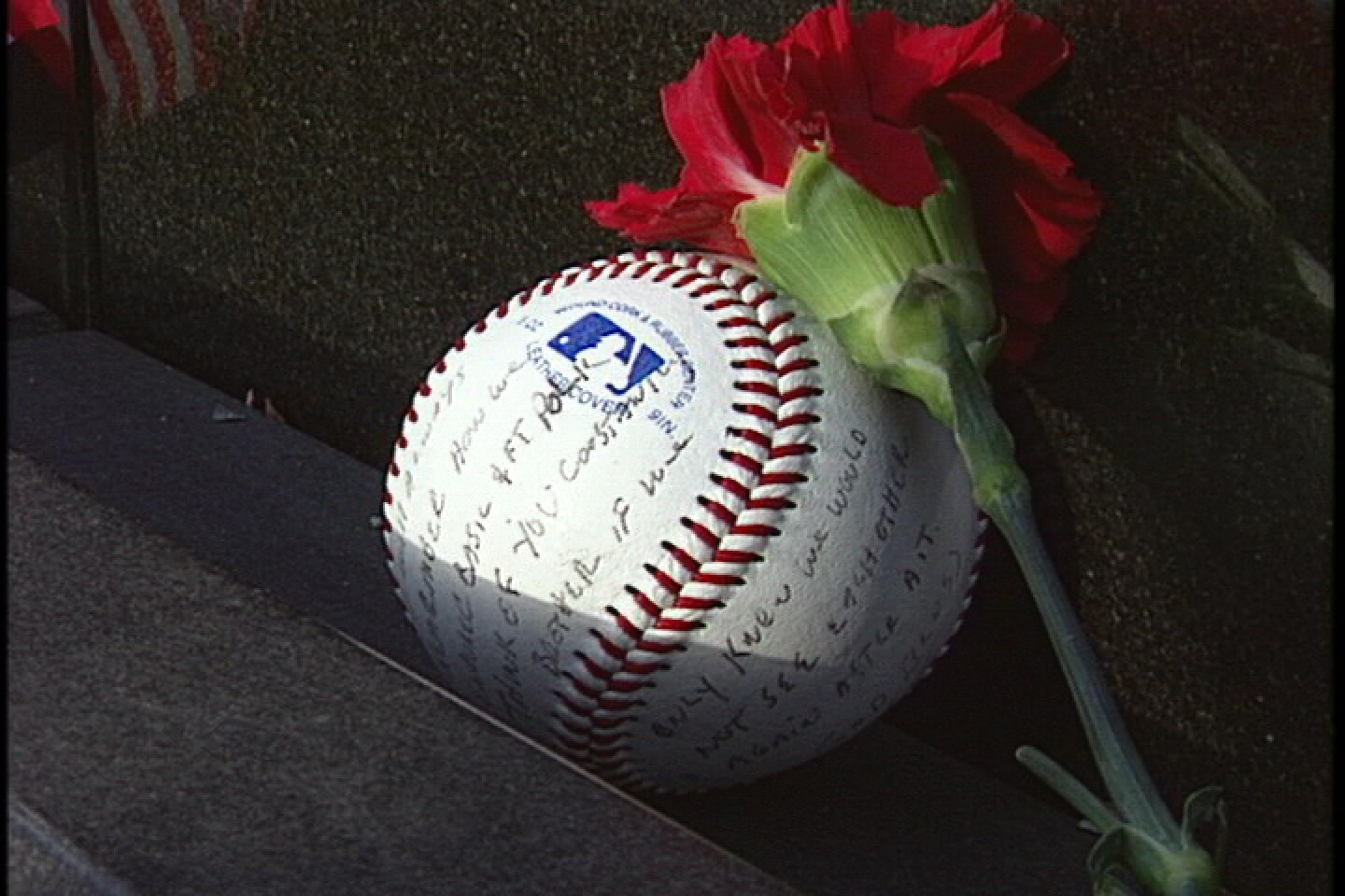 A baseball and flower left at the vietnam Veterans Memorial.
