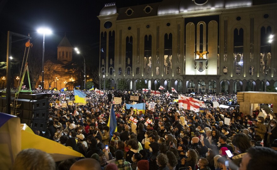 Georgians in Tbilisi rally in support of Ukraine and demand that Georgian Prime Minister Irakli Gharibashvili step down after he said he would not introduce sanctions against Russia.