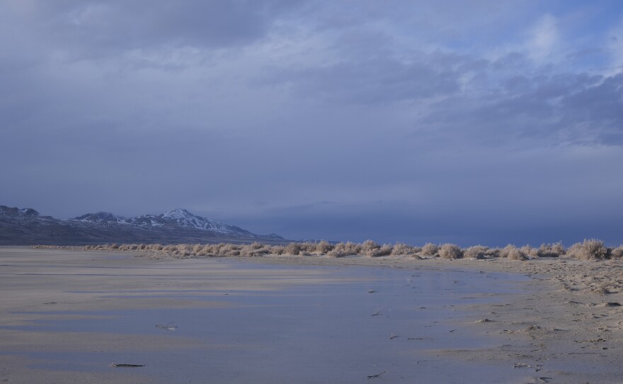 Receding water in Utah's Great Salt Lake is seen on March 5. Environmentalists are suing the state to force water cutbacks to farmers to save the Great Salt Lake.