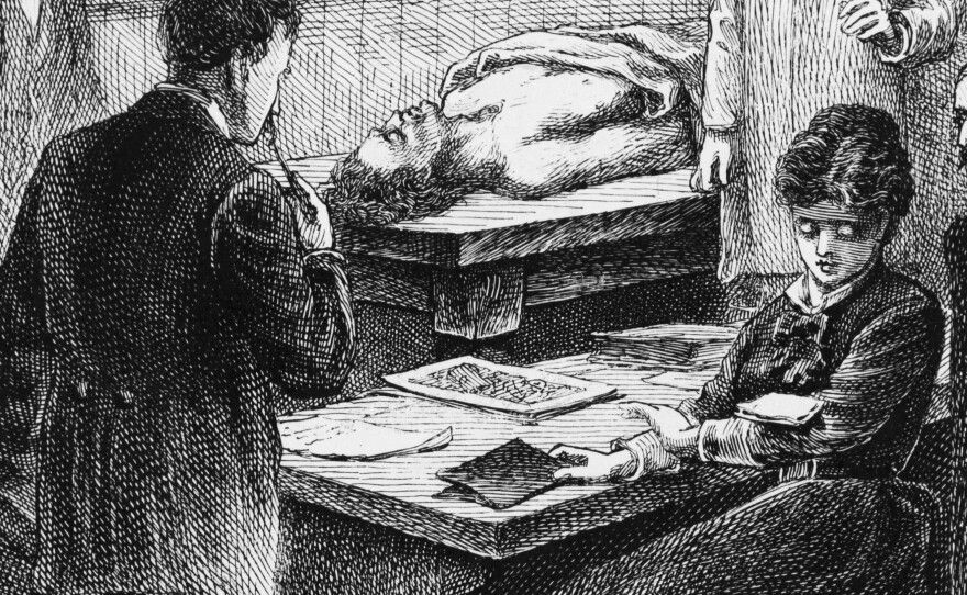 An illustration shows medical student Elizabeth Blackwell at Geneva Medical College (later Hobart College) in upstate New York, as she eyes a note dropped onto her arm by a male student, during a lecture in the college's operating room.