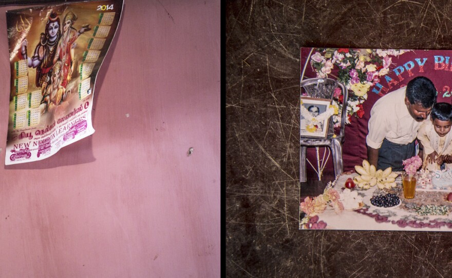 Left: Old calendars rustle in the household of Sudarshini. Right: Sudarshini and her husband, Seliyyah, celebrate the fifth birthday of their son, Selva, shortly before Seliyyah disappeared.
