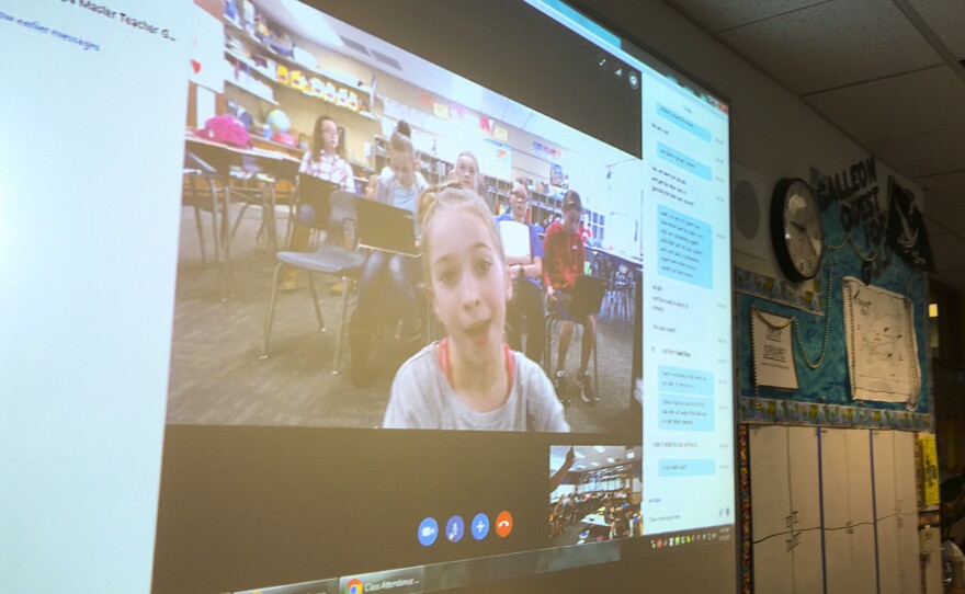 Bedley's class Skypes with Todd Flory's fourth-graders at Wheatland Elementary School in Wichita, Kan.