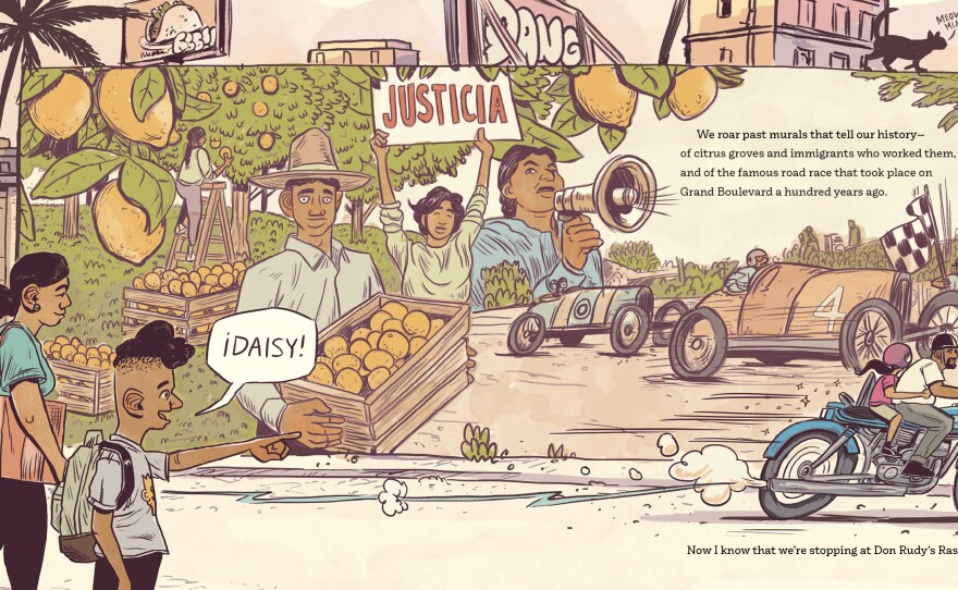 <em>My Papi Has a Motorcycle</em>, by Isabel Quintero and Zeke Peña, pays tribute to the rapidly-changing city of Corona, Calif., where Quintero grew up.