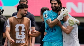 Iran players react at the end of the World Cup Group G soccer match between Belgium and Iran in Inglewood, Calif., near Los Angeles, Sunday, June 21, 2026.