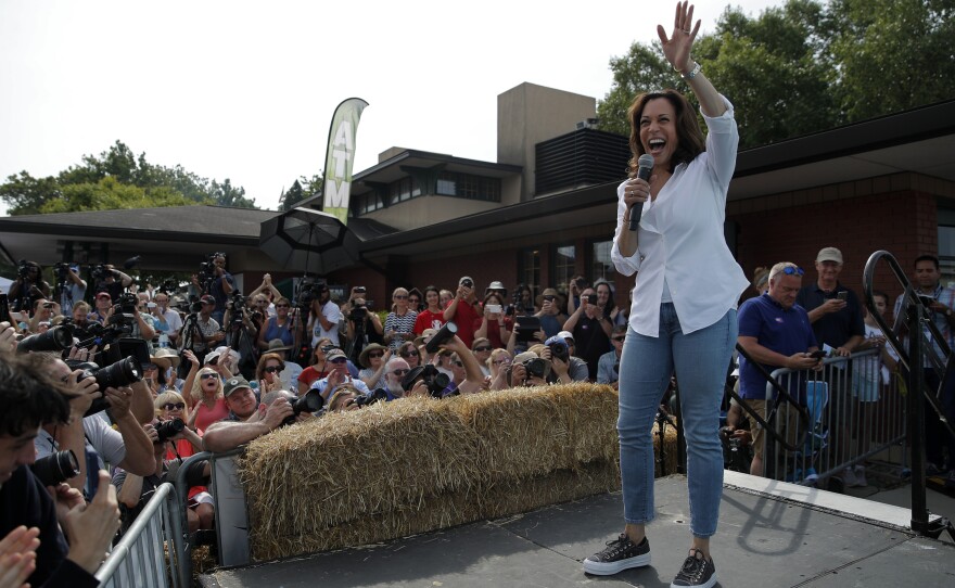 Democratic presidential candidate Sen. Kamala Harris, D-Calif., speaks at the Iowa State Fair in Des Moines, Iowa.