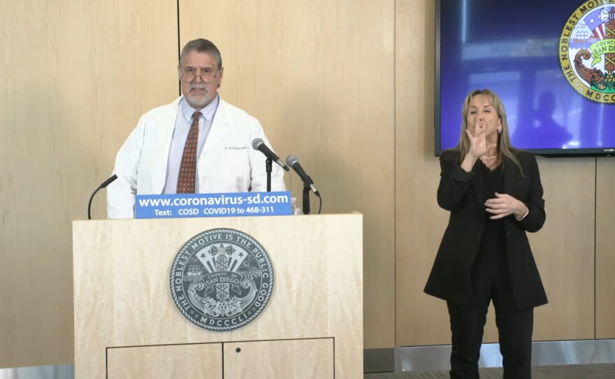 In this file image from March 30, 2020, Dr. Nick Yphantides gives an update on San Diego County's coronavirus case rates.