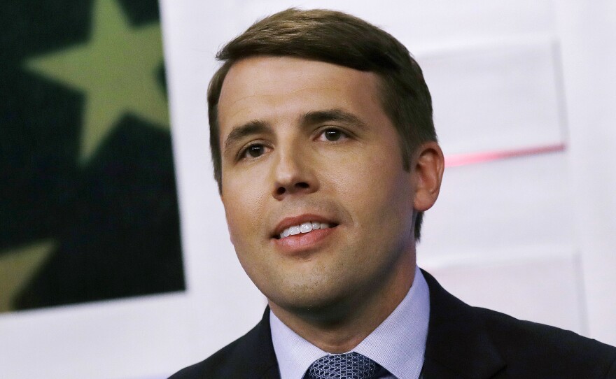 Chris Pappas participates in a debate of Democratic hopefuls in New Hampshire's 1st Congressional District at St. Anselm College in Manchester, N.H., earlier this month. Pappas won the Tuesday, Sept. 11, Democratic primary and will represent his party in the November general election.