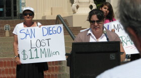 Community advocates protest outside a San Diego County Administration building onJuly 15, 2010. Protesters were reacting to the county's failure to apply for federal emergency assistance funds for welfare families. 