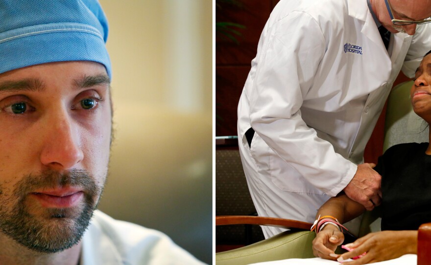 (Left) Dr. Joshua Corsa, senior surgical resident at the Orlando Regional Medical Center, still wears his bloodstained shoes from early Sunday morning, when the first victims from the Pulse nightclub shooting arrived. (Right) Dr. Neil Finkler consoles gunshot victim Patience Carter, 20, of Philadelphia.