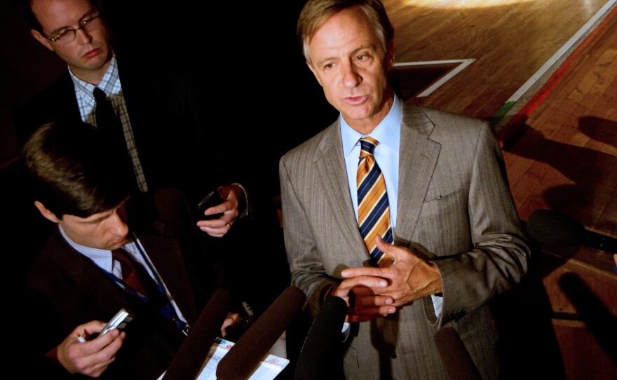 Gov. Bill Haslam speaks to reporters after announcing in Nashville, Tenn., on Monday that that he had decided against creating a state-run health insurance exchange. The Republican governor said he will leave it to the federal government to run the marketplace.
