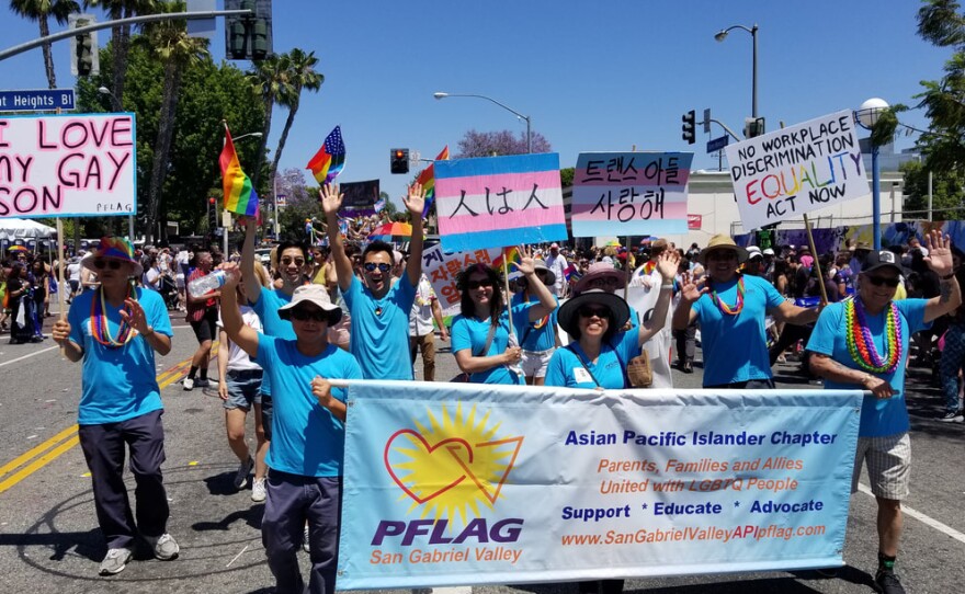 San Gabriel Valley's Asian Pacific Islander chapter of PFLAG marches in support of LGBTQ friends and family at a recent Pride parade.
