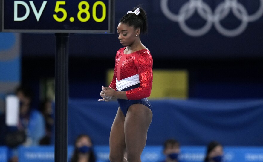 U.S. gymnastics star Simone Biles, shown here last week, will compete in the balance beam final at the Tokyo Games on Tuesday.