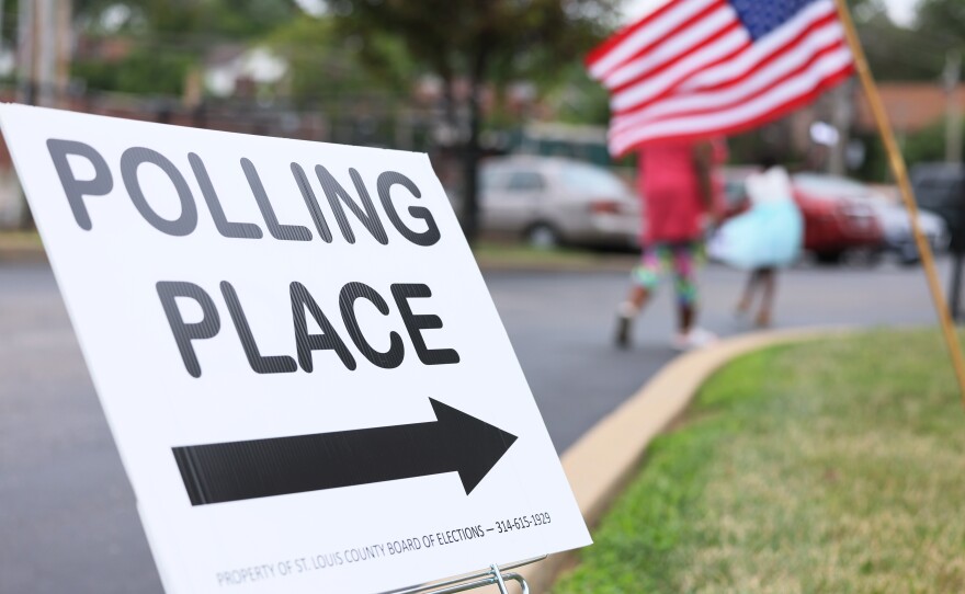 A "Polling Place" sign is seen during primary Election Day at Barack Obama Elementary School on Aug. 2, 2022, in St Louis, Mo.