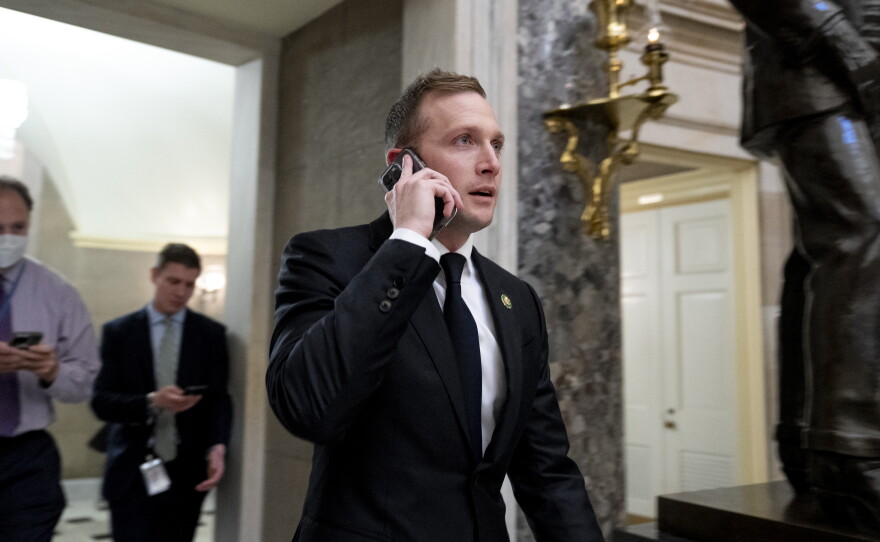 Rep. Max Miller, R-Ohio, walks out of a meeting with Steve Scalise on Capitol Hill, Oct. 2023.