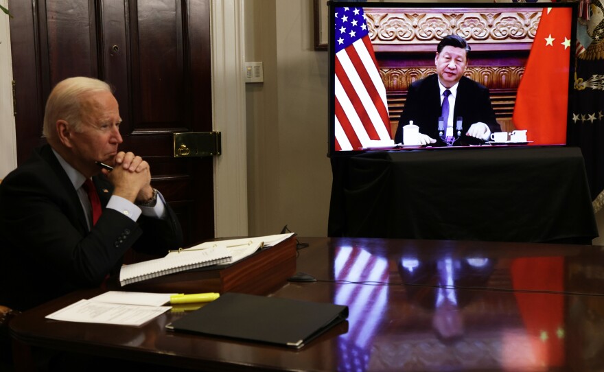 U.S. President Joe Biden participates in a virtual meeting with Chinese President Xi Jinping at the Roosevelt Room of the White House November 15, 2021 in Washington, DC. President Biden met with his Chinese counterpart to discuss bilateral issues.