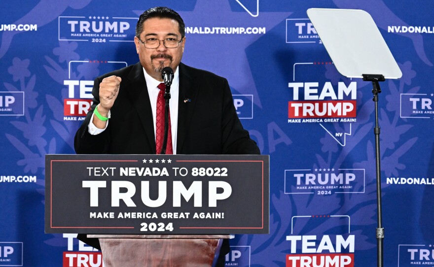 Political consultant Jesus Marquez speaks during a Commit to Caucus Rally with former President and 2024 presidential hopeful Donald Trump (not pictured) in Las Vegas on Jan. 27.