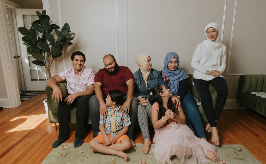 Left to right: Naji, Ibrahim, Ahmed, Adeebah, Rahaf, Ammal and Hala Aldabaan in their Connecticut home.