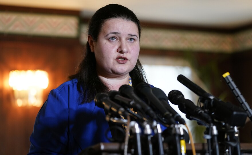 Ukraine's Ambassador to the United States Oksana Markarova speaks during a news conference at the Embassy of Ukraine in Washington, D.C. on Feb. 24.