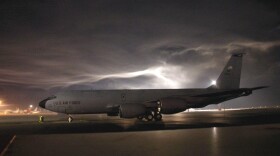 A KC-135 Stratotanker sits on the flightline at Manas Air Base, Kyrgyzstan.