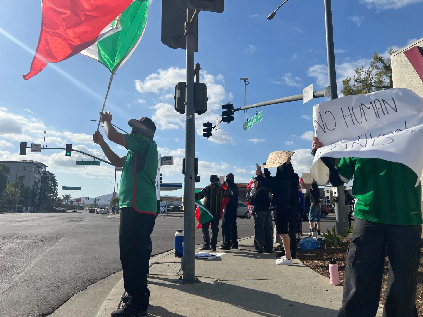 Protesters wave Mexican flags and hold signs during a protest at Washington Avenue and Escondido Boulevard in Escondido on Jan. 29, 2025.