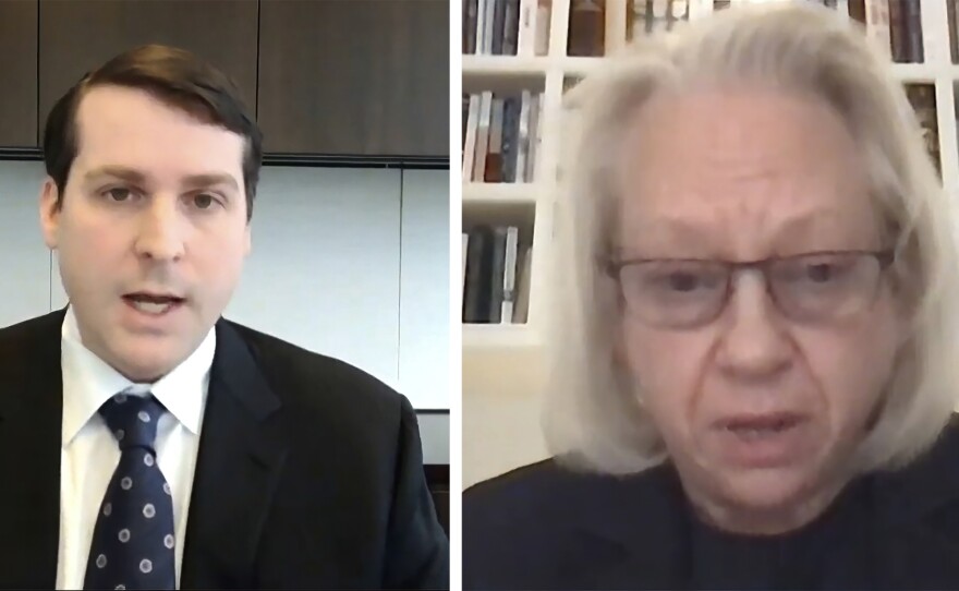 David (left) and Kathe Sackler, members of the family that owns Purdue Pharma, the maker of Oxycontin, testified via video to a House Oversight Committee hearing on Dec. 17, 2020. Sackler family members have acknowledged the drug had a role in the opioid crisis but have stopped short of apologizing or admitting wrongdoing.