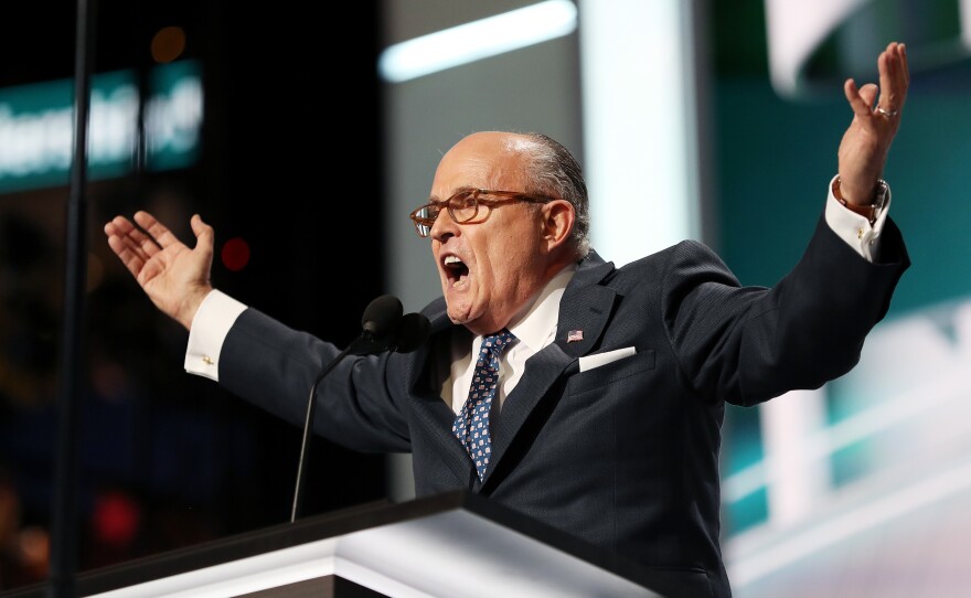 Former New York City Mayor Rudy Giuliani delivers a passionate speech in defense of law enforcement on stage at the Republican National Convention.