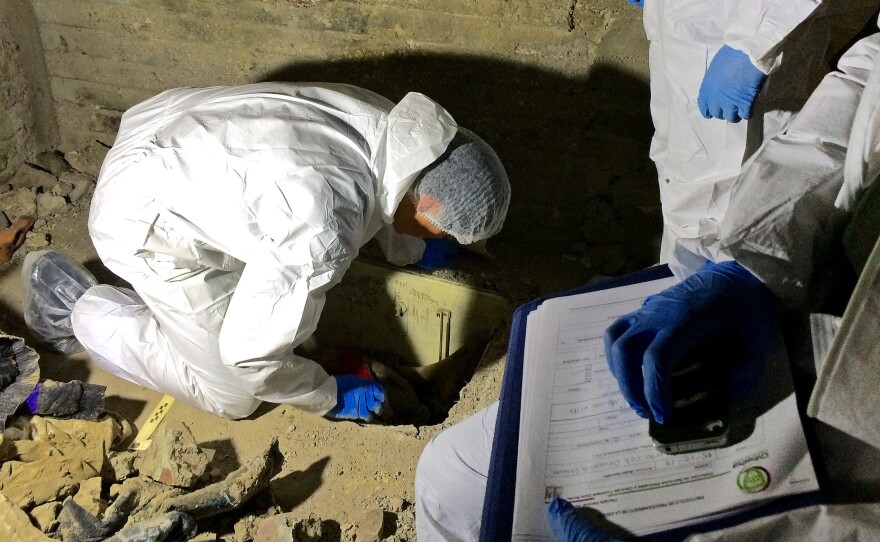 An anthropologist unearths a body at a crime scene in Chihuahua city, Mexico.