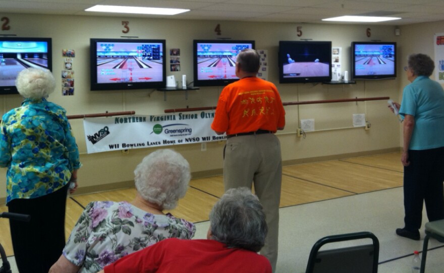 Seniors at the Greenspring Village Retirement Community in Springfield, Va., play Wii bowling.