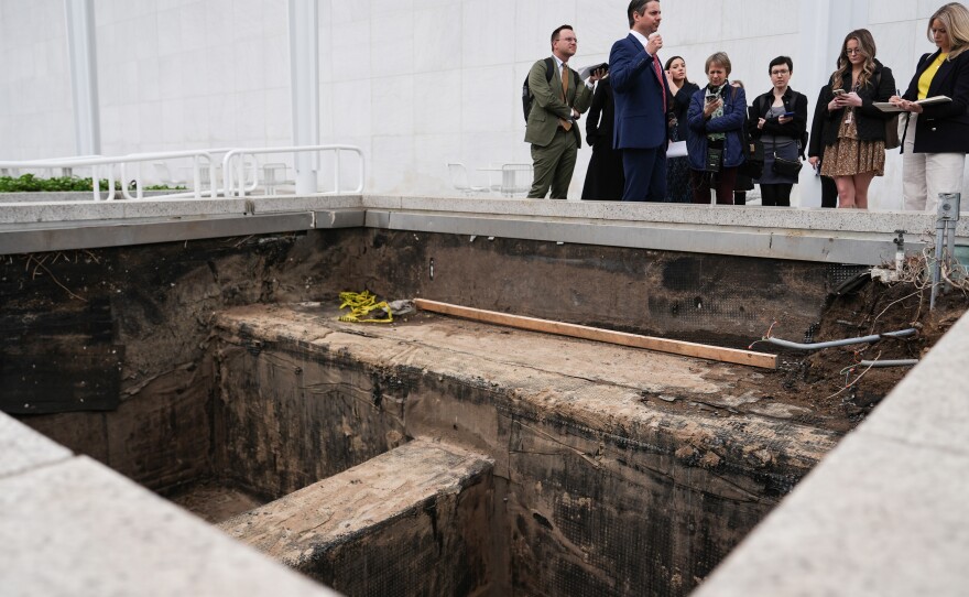 Matt Floca, executive director of the John F. Kennedy Center for the Performing Arts, shows an expansion joint during a media tour on April 22.