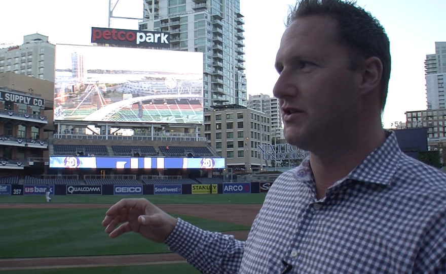 Wayne Partello, the San Diego Padres' chief marketing officer,  talks  at Petco Park about changes to the downtown stadium, April 7, 2015. 
