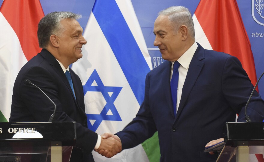 Hungarian Prime Minister Viktor Orbán shakes hands with Israeli Prime Minister Benjamin Netanyahu in July during a joint press conference in Jerusalem.