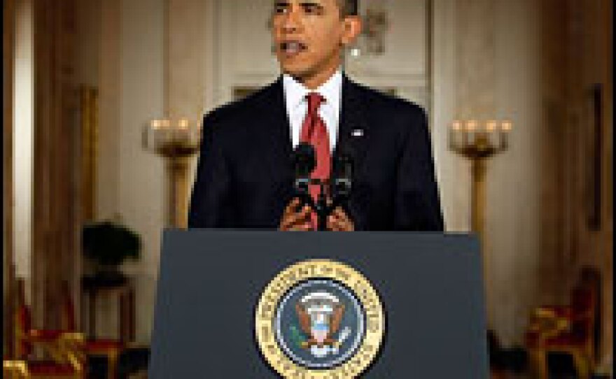 President Obama speaks Monday during his first prime-time news conference at the White House.