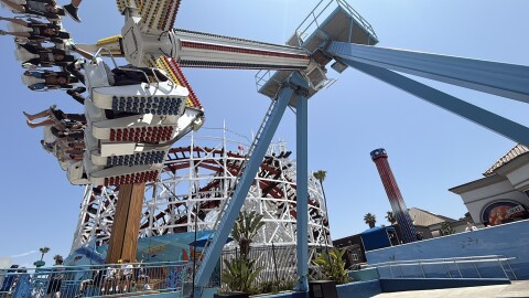 A ride at Belmont Park is shown with the Giant Dipper in the background on June 24, 2025.