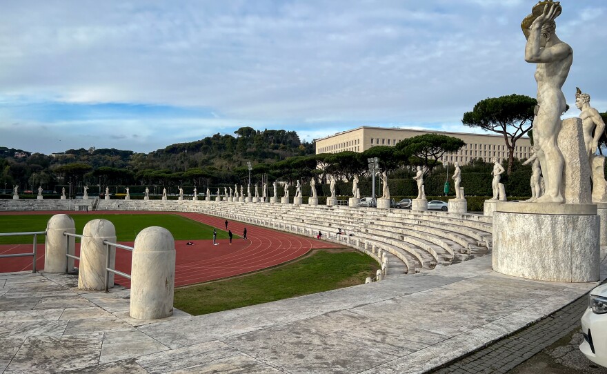 Statues of nude male athletes in classic fascist pose adorn this sports center in Rome.