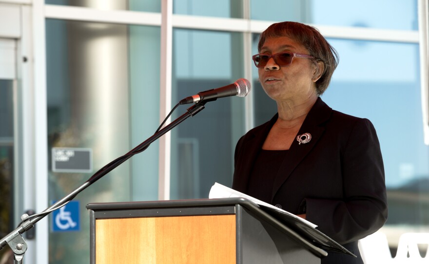 Palomar College President Joi Lin Blake speaks at the grand opening of the school’s $67 million library on Feb. 22, 2019.