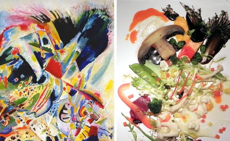 Kandinsky's Painting No. 201, on the left, was the inspiration for the salad on the right. Diners enjoyed their greens more when plated to resemble the work of art.