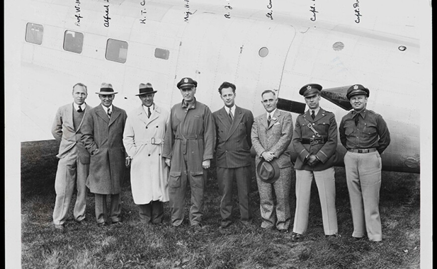 Alfred Loomis (second from left) and group after flying the MIT-Army blind landing beam at Wright Field near Dayton, Ohio.