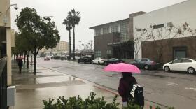 Rain falls near San Diego State University, Feb. 14, 2018. 