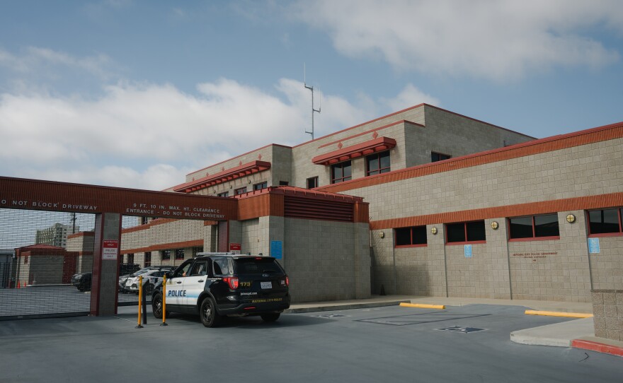 A National City squad car enters the parking lot outside the National City Police Department building in National City, California on May 23, 2025.