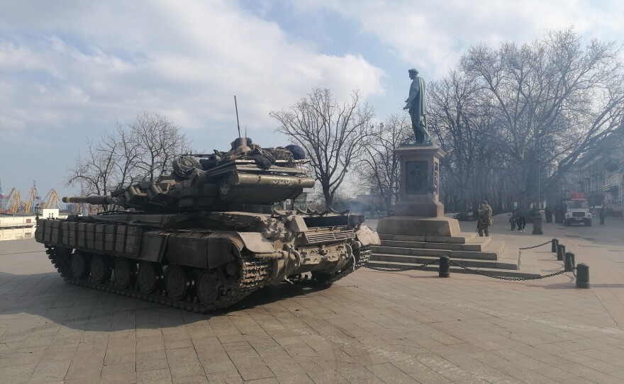 A Ukrainian tank sits near the Potemkin Stairs in the center of Odesa after Russia's invasion of Ukraine began on Feb. 24.