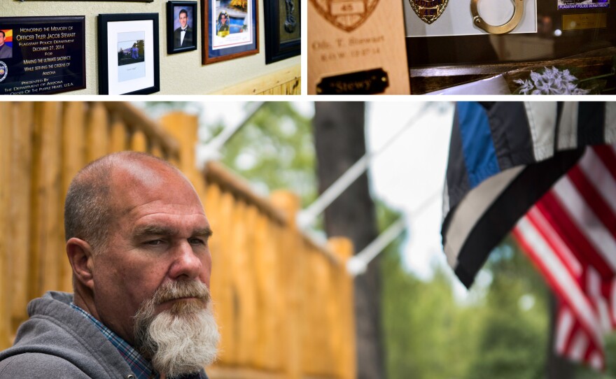 The basement of Frank Stewart's home in Flagstaff is filled with photographs and other reminders of his son, Tyler. Frank (bottom) also has several flags on display outside his home in honor of Tyler.