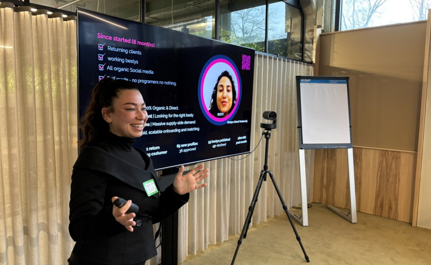 Hagar Shmaia, from Israel, was one of about a dozen Israeli and Palestinian entrepreneurs who pitched their ideas to a room of investors, as part of the 50:50 Startups program. Shmaia has designed an online platform called "Besty" that allows women to find a wide range of support on-demand