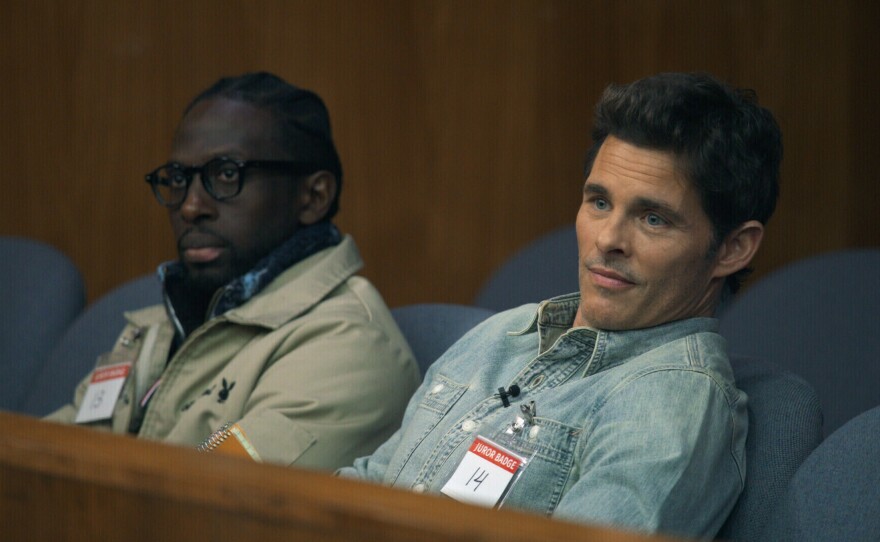 Ishmel Sahid, left, and James Marsden play alternate jurors in the series <em>Jury Duty. </em><strong><a href="https://www.npr.org/2023/05/02/1173271968/jury-duty-james-marsden-ronald-gladden">Hear Marsden on </a><em><a href="https://www.npr.org/2023/05/02/1173271968/jury-duty-james-marsden-ronald-gladden">Fresh Air.</a></em></strong>