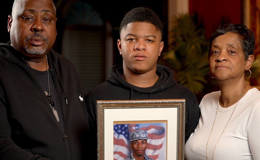 The father, son, and mother of Sgt. Anthony Magee; Tony Davis, Kameron Johnson, and Patricia Magee Davis.