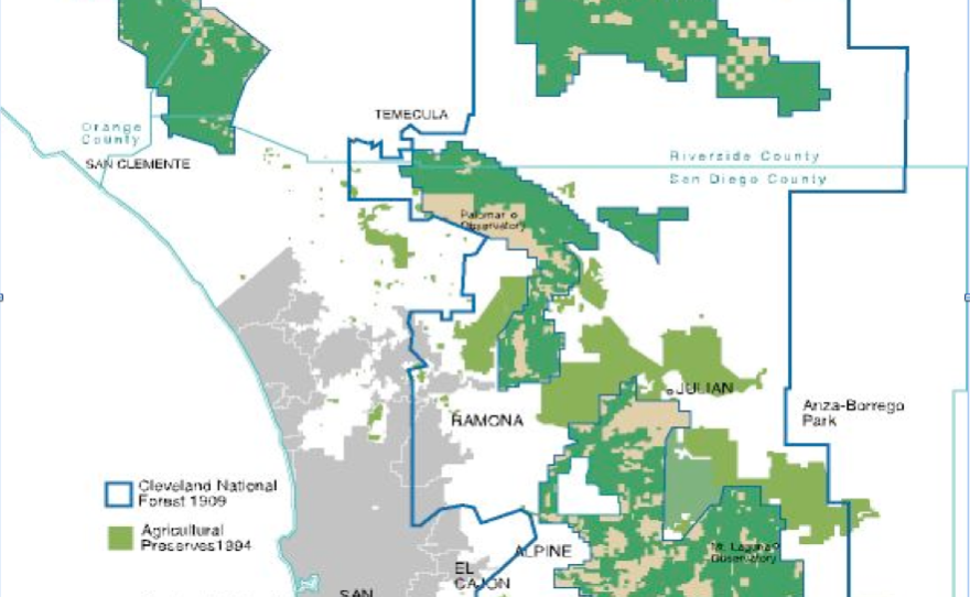 Map of Cleveland National Forest, with privately held land in brown.