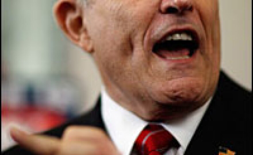 Former New York City mayor and Republican presidential candidate Rudolph Giuliani speaks during a campaign stop Tuesday at TooJay's deli in West Palm Beach, Fla.